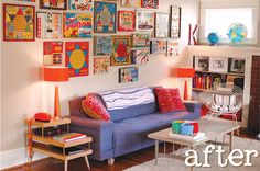 a living room filled with furniture and lots of pictures on the wall above it's fireplace