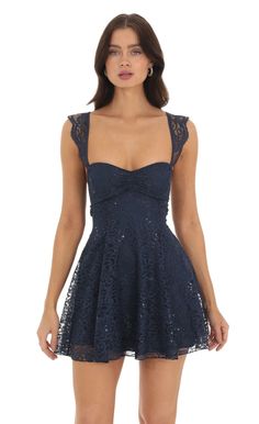 Sherry Lace Sequin Fit and Flare Dress in Navy | LUCY IN THE SKY Semi Dresses, Cute Formal Dresses, School Dance Dresses, Cute Homecoming Dresses, Winter Formal Dresses, Lucy In The Sky, Looks Party, Prom Dress Inspiration, Cute Prom Dresses