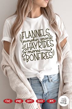 a woman wearing a t - shirt that says flannels pumpkin spice and hayrds more bonnies