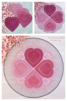 crochet heart doily pattern with four hearts on the front and two in the back