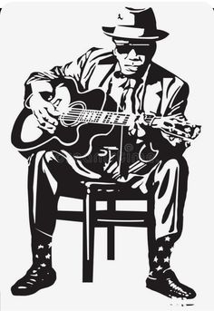 a black and white drawing of a man playing a guitar on a chair with the words,