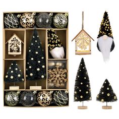 christmas decorations are displayed in wooden boxes