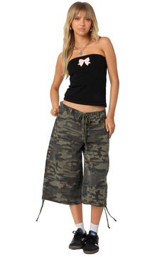 Channel laid-back skater style with these baggy cotton-twill Bermuda shorts in a camo pattern. Drawstrings cinch the waist and hems for next-level coolness. Zip fly with button closure Drawstring waist Front slant pockets; back flap-patch pocket; cargo flap-patch pocket Drawstring hems 100% cotton Machine wash, line dry Imported Cargo Bermuda Shorts, Camo Shorts, Swimwear Dress, Maternity Shops, Designer Clothes For Men, Toddler Girl Outfits, Women's Summer Fashion, S Models, Tube Top