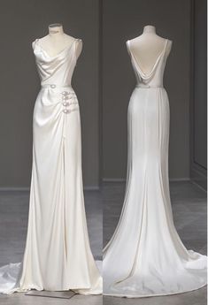 the back and side of a white wedding dress