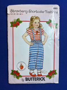 Butterick Sewing Pattern 4883 Strawberry Shortcake Fashions Children's Top & Suspender Pants  Size 2-4 Partially cut, complete pattern (cut to size 4) with original instructions and envelope. Envelope shows some wear and discoloration.  Item sold as is, no returns, but please contact me if the pattern received is not as described, or there are missing pattern pieces.  Thank you! Each additional pattern is only 50 cents extra for shipping and FREE shipping on orders over $35.00! Elizabeth Afton, Vintage Strawberry Shortcake, Children Top, Duluth Mn, Suspender Pants, Butterick Pattern, Butterick Sewing Pattern, Girls Top, Hello Dolly