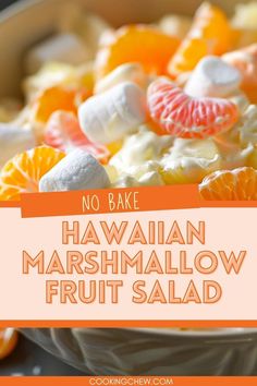 A bowl of marshmallow fruit salad with a variety of tropical fruits and a creamy dressing. Orange Themed Food Platter, Hawaii Fruit Salad, Hawaiian Fruit Salad Recipes, Cheap Fruit Salad For A Crowd, Hawaiian Themed Food Appetizers, Hawaiian Dishes For Party, Fruit For Picnic, Hawian Themed Appetizers, Chinese Fruit Salad