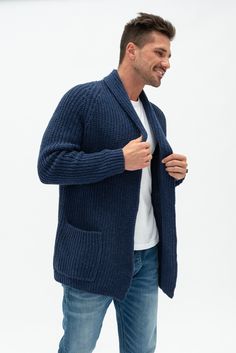 "The regular new wool men's cardigan fit falls a little and longer, producing a cool oversized look. Warm and super cozy cardigan with two front pockets for chilly winter's days. Timeless classic and perfectly comfortable 100% pure new wool sweater for your beloved husband, boyfriend, dad or son. Inspired by timeless Scandinavian style. Model in the photo is wearing size L. Model's height is 180 cm / 5.9 ft. *SIZE XS USA-CAN 30-32 EU 40-42 Garment's width 17.5-18 inch / 44-46 cm Garment's length Woolen Clothes, Woolen Sweaters, Scandinavian Fashion, Cardigan With Pockets, Men's Cardigan, Merino Wool Cardigan, Open Front Sweater, Cozy Cardigan, Mens Cardigan