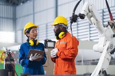 two workers in orange and blue work on an assembly line with robot arms behind them