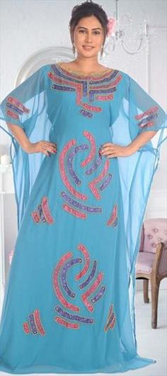 Blue color Kaftan in Georgette fabric with Embroidered, Thread work Georgette Fabric, Machine Embroidery Patterns, Thread Work, Grey Color, Jaipur, Embroidery Patterns, Gray Color, Black And Grey, Thread