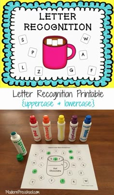 the letter recognition printable is shown with markers and crayons to make it look like