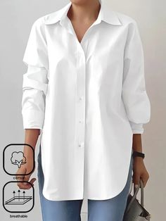 Plus Size Casual Cotton Shirt Collar Loose Blouse | zolucky Khaki Fashion, Hem Blouse, Cardigan Shirt, Loose Blouse, Women Shirts Blouse, Sleeves Pattern, Blouse Styles, Womens Fall, White Shirt