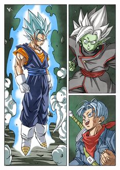 three different pictures of the same character in dragon ball super broly, one with blue hair