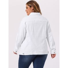 This jacket is designed specifically for plus-size women, offering a flattering and comfortable fit. The jacket showcases distressed designs on the edge of the collar and slant pockets, adding a trendy touch to your outfit. Perfect for weekend gatherings, outdoor activities, shopping trips, and daily wear, this denim jacket is versatile and suitable for various occasions. The jacket's classic design makes it easy to be paired with different outfits, from casual to dressier looks. Coloured Denim Jacket, Design Jacket, Timeless Outfits, Collarless Jacket, White Denim Jacket, Tall Pants, Plus Size Outerwear, Vintage Fits, Ladies Of London