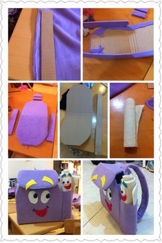 the instructions for how to make an angry purple monster backpack with felt and construction paper