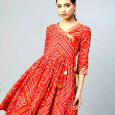 Pure Cotton Fabric Fabulous Dori (Lace) Closure Printed Bandhej Just Below Knee Length 3/4th Sleeves Royal Look Red Straight Kurta For Spring, Red Anarkali Kurta For Spring, Spring Red Anarkali Kurta, Red Kurta With Printed Motifs For Summer, Red Summer Kurta With Printed Motifs, Summer Red Kurta With Printed Motifs, Red Bandhani Print Dresses For Festive Occasions, Festive Red Bandhani Print Dress, Red Bandhani Print Dress For Navratri