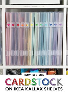 a book shelf filled with lots of cardstock on ikea kallax shelves