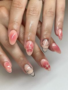 nyalphie on ig   ongles blooming gel rose fleur et motifs argentés Neutral Pink Nails With Design, Acrylic Full Set Nails, Nails With Blooming Gel Designs, Nail Inspo With Design, Pink Simple Nail Designs, Nail Art Pink Designs, Blooming Gel Flower Nails, Blooming Gel Rose, Bloom Gel Nail Art