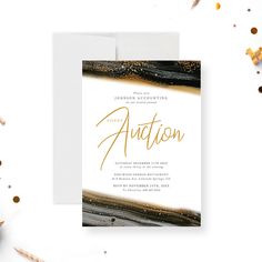 a white and gold foil wedding card with the word,'autumn'on it