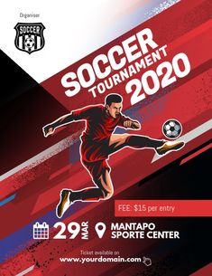 a soccer tournament flyer with a player kicking the ball