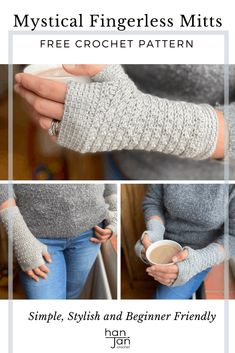 the knitted fingerless mitts pattern is shown in three different pictures, including one with