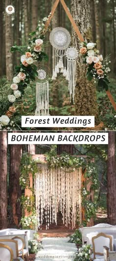 an outdoor wedding ceremony with white flowers and greenery on the trees, in front of a