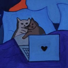 a drawing of a cat laying in bed with a laptop computer on it's lap