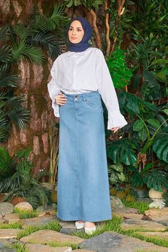 Long Button Front Denim Skirt - Perfect for Spring and Summer - Available in 3 Colors Denim Skirt By Baano 40 - S Blue Cheap Medium Wash Long Skirt, Affordable Medium Wash Long Skirt, Cheap Denim Long Skirt, Long Denim Skirt Outfit Hijab, Long Skirt And Top Casual, Long Denim Skirt Outfit, Denim Skirts Online, Long Denim Dress, Button Down Denim Skirt