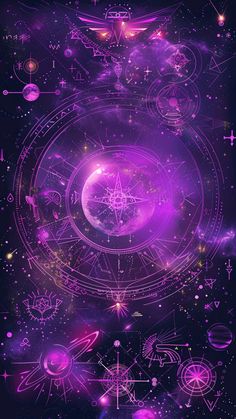 an abstract purple background with stars and planets