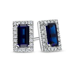 Show your chic and refined style with these baguette blue lab-created sapphire and diamond frame stud earrings in white gold. Fashioned in cool 10K white gold Each earring glistens with a sideways 6.0 x 3.0mm baguette-cut bright blue lab-created sapphire. Diamonds surround the center stone in subtle sparkle. These 1/8 ct. t.w. diamond post earrings secure comfortably with friction backs. Evening Jewelry With Baguette Diamonds In Rectangular Shape, Rectangular Baguette Diamond Jewelry For Evening, Baguette Diamond Jewelry For Evening, Blue Baguette Diamond Earrings Fine Jewelry, Elegant Sapphire Jewelry With Baguette Cut, Elegant Sapphire Baguette Cut Jewelry, Elegant White Gold Baguette Earrings, Elegant Baguette White Gold Earrings, Formal Baguette Cubic Zirconia Earrings