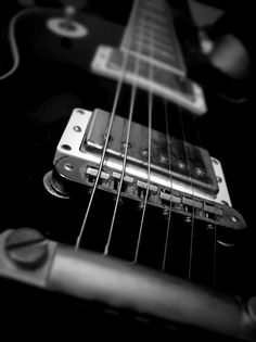 an electric guitar is shown in black and white, with the frets highlighted on its neck