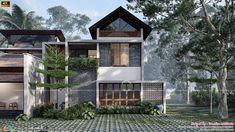 this is an artist's rendering of a modern house in the woods with lots of greenery