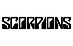 scorpions logo in black and white with the word scorpions on it's left side