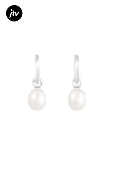 7.5-8mm Drop white cultured freshwater pearl rhodium over sterling silver J-Hoop earrings. Measure approximately 1/2"L x 1/2"W and have tension push back. Sterling Silver Earrings, Fresh Water, Freshwater Pearls, Silver Earrings, Hoop Earrings, Sterling Silver, Silver, White