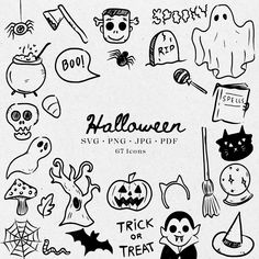 black and white halloween clipart set with pumpkins, ghostes, bats, jack - o - lanterns