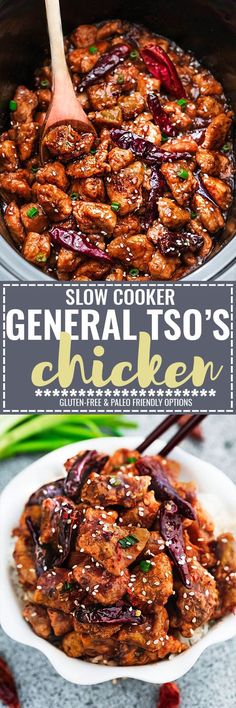 slow cooker general tso's chicken recipe in a bowl with chopsticks