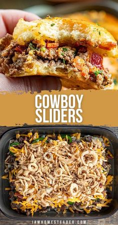 two pictures showing different types of food and the words cowboy sliders on top of them