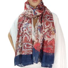 Floral blue red scarf, Elegant fashion accessory, Artisan shawl, Unique floral pattern, Luxury scarves, Mothers day gift, Gift for Her Whether you're dressing up for a special occasion or adding a touch of flair to your everyday ensemble,  this scarf effortlessly complements a variety of outfits.  Wrap it around your neck for a classic look, drape it over your shoulders for a bohemian vibe,  or tie it onto your handbag for a chic accessory  Dimension  Length 1,80 cm  Width 0,85 cm.  Composition Red Bohemian Shawl With Floral Print, Red Floral Print Silk Scarf As A Gift, Red Floral Print Silk Scarf As Gift, Blue Shawl Scarf For Gift, Blue Silk Scarf As Gift, Traditional Blue Scarf As Gift, Traditional Red Scarves For Gifts, Traditional Red Scarves As Gift, Red Bohemian Dupatta With Floral Print