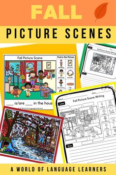 the fall picture scenes worksheet is shown with four different pictures and text on it