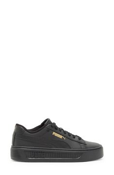 Give your wardrobe a boost with this sporty leather sneaker featuring comfortable cushioning and a platform sole. 1" platform Round toe Lace-up ties Padded collar Platform sole Leather upper/textile lining/rubber sole Imported Black Puma, Platform Sneaker, Leather Sneakers, Nordstrom Rack, Womens Sneakers, Rubber Sole, Leather Upper, Nordstrom, Lace Up