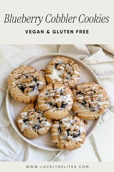 blueberry cobbler cookies with vegan gluten free frosting on a white plate