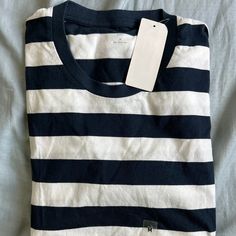 Uniqlo Striped Tee Shirt Medium Nwt $29.50 Spring Navy Crew Neck Shirt, Navy Crew Neck Shirt For Spring, Everyday Striped Cotton Tops, Navy Cotton T-shirt For Spring, Casual Navy T-shirt For Everyday, Navy Long Sleeve Summer T-shirt, Uniqlo White Crew Neck T-shirt, Uniqlo Long Sleeve Cotton Shirt, Casual Striped Crew Neck Shirt