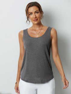 Moss Solid Square Neck Casual Blouse Gray Casual Tank Top For Everyday, Casual Gray Tank Top For Everyday, Casual Gray Tank Top, Casual Tanks, Casual Tank Tops, Casual Blouse, Basic Tank, Square Neck, Basic Tank Top