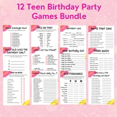 the 12 birthday party games bundle is shown with pink and yellow text that reads,