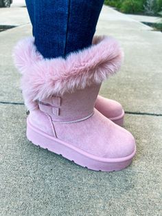 Fit: Runs small! Size up one half size. Brooke is wearing a size 7 and normally wears the 6.5. Micro Fiber Suede. Pink Warm Boots, Frontal Hairstyles, One Half, Purse Strap, Fur Boots, Pink Rhinestones, Jean Leggings, Dresses With Leggings, Sales Gifts