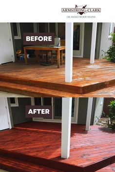 the before and after photos of a deck that has been stained red with white trim