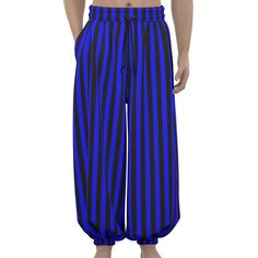 Blue Black Stripe Clown Pants in saturated primary classic colors will delight you and your audience while you clown in comfort--these are some of the balloony-est, softest, coziest pants you've ever had and you may just want to wear them all the time! Be extra #Clowncore #Maximalist let's gooooooooooooooooooo✌️ YESDOUBLEYES has FREE GLOBAL SHIPPING🌎 alt clown punk fashions for Pride fest, rave, Burning Man, music festivals, roller derby, funky drag groovy party wear Specially made-to-order and worth the wait! Original artwork by yesdoubleyes ❤️Fabric: Poly Waffle (95% polyester and 5% spandex) ❤️Features: wide leg harem pants with elastic ankle and drawstring waist ❤️Fit: RUNS SMALL please take measurements from clothing you have at home that fits how you like, then compare to our chart. Fitted Blue Bottoms For Costume Party, Blue Fitted Wide Leg Harem Pants, Fitted Wide Leg Blue Harem Pants, Clown Pants, Punk Mode, Circus Outfits, Cozy Pants, Wide Leg Sweatpants, Baggy Pant