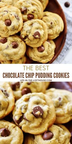 the best chocolate chip pudding cookies are in a bowl and on top of each other