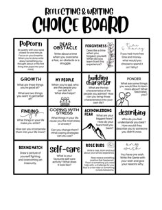 a black and white poster with the words reflecting and writing choice board