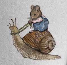 a drawing of a mouse riding on top of a snail