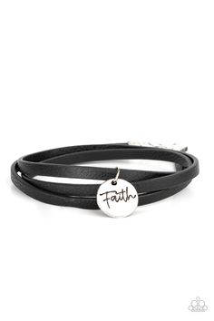 A hammered silver disc stamped in the word, "Faith" is threaded on a lengthened black leather cord that triple wraps around the wrist, creating a message of hope. Features an adjustable clasp closure.

 Sold as one individual bracelet. Paparazzi Bracelets, Trendy Fringe, Faith Bracelet, Brown Bracelet, Inspirational Bracelets, Black Wrap, Message Of Hope, Black Bracelets, Paparazzi Accessories